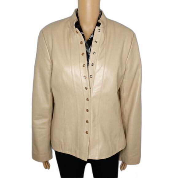 Vakko Women's Sz L Leather Jacket Casual Sports Coat Snap Button Blazer Tan Snap - Picture 4 of 16